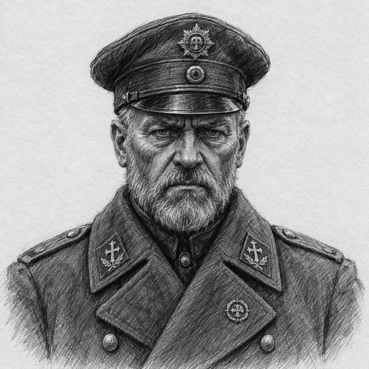 Interpretive black-and-white ink and charcoal head-and-shoulders portrait of Colonel-Catechist Othmar Vey, based on the article hero.