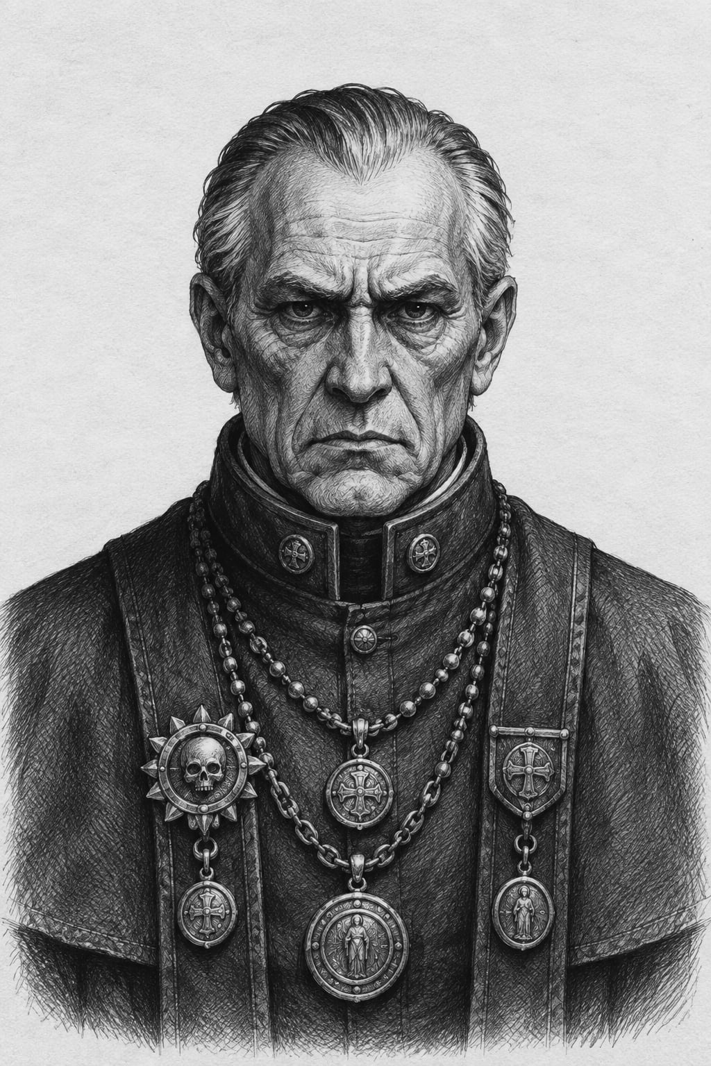 Interpretive black-and-white ink and charcoal head-and-shoulders portrait of Confessors, based on the article hero.
