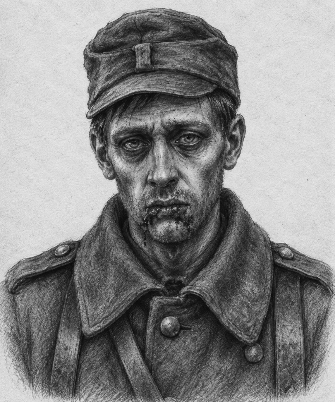 Interpretive black-and-white ink and charcoal head-and-shoulders portrait of Corporal Ereth Vey, based on the article hero.