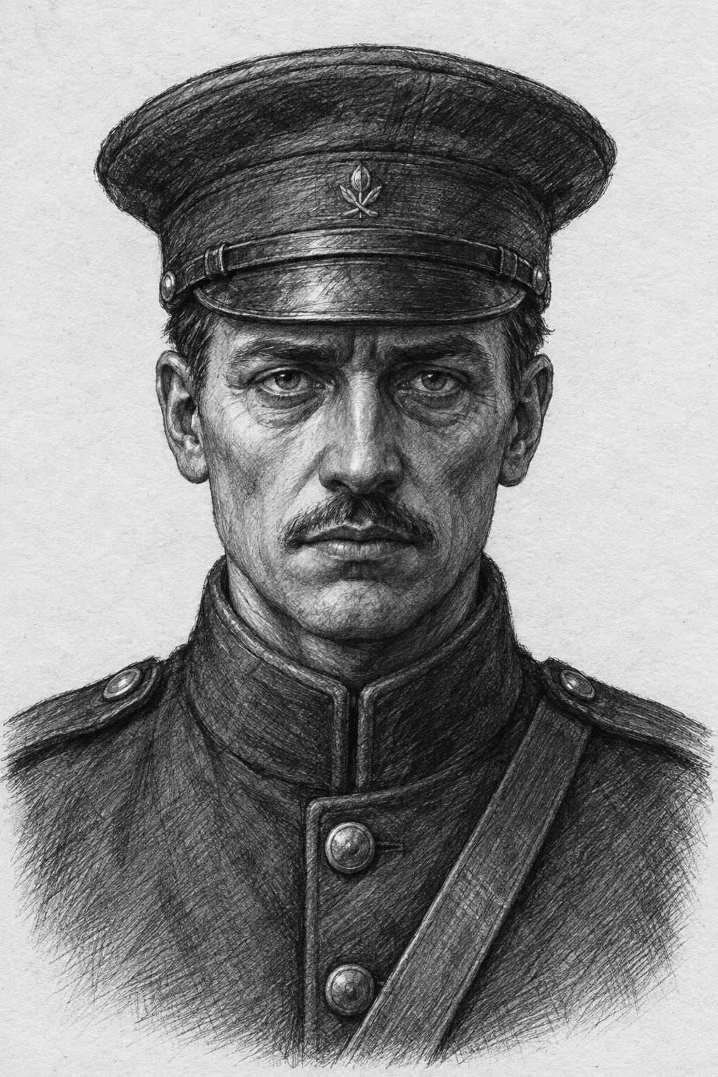Interpretive black-and-white ink and charcoal head-and-shoulders portrait of corporal-registrar H. Mace, based on the article hero.