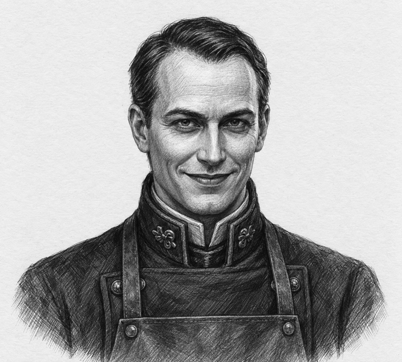 Interpretive black-and-white ink and charcoal head-and-shoulders portrait of Seal-Justice Corvin Hald, based on the article hero.