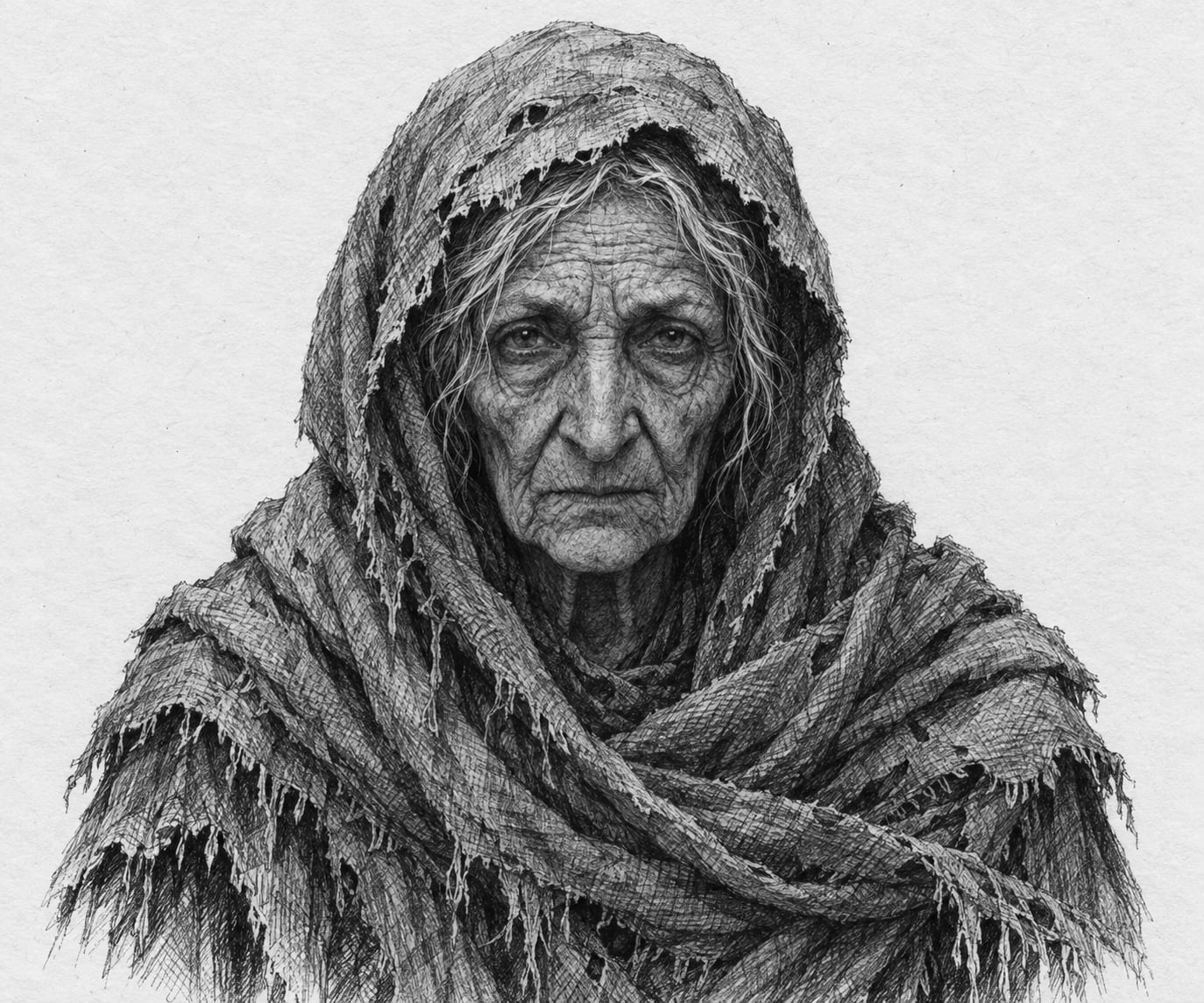 Interpretive black-and-white ink and charcoal head-and-shoulders portrait of Crone of Patience, based on the article hero.