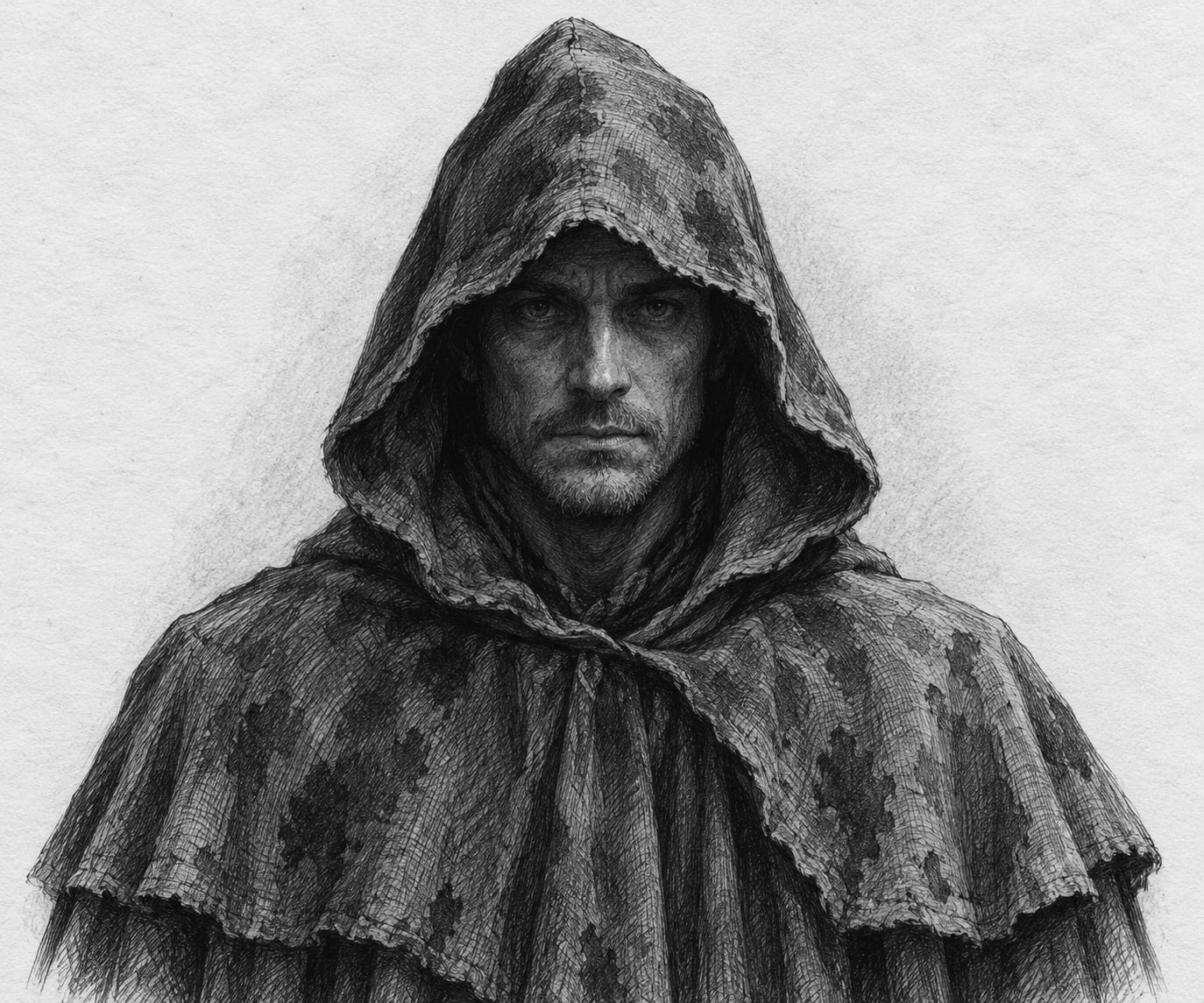 Interpretive black-and-white ink and charcoal head-and-shoulders portrait of First Hood, based on the article hero.