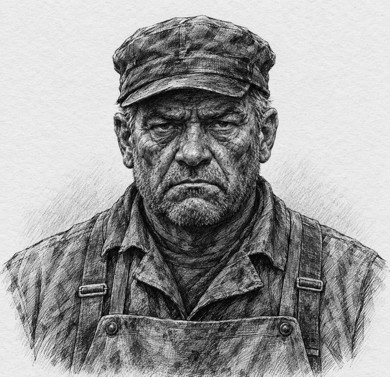 Interpretive black-and-white ink and charcoal head-and-shoulders portrait of Forge-Master Oskar Rhone, based on the article hero.