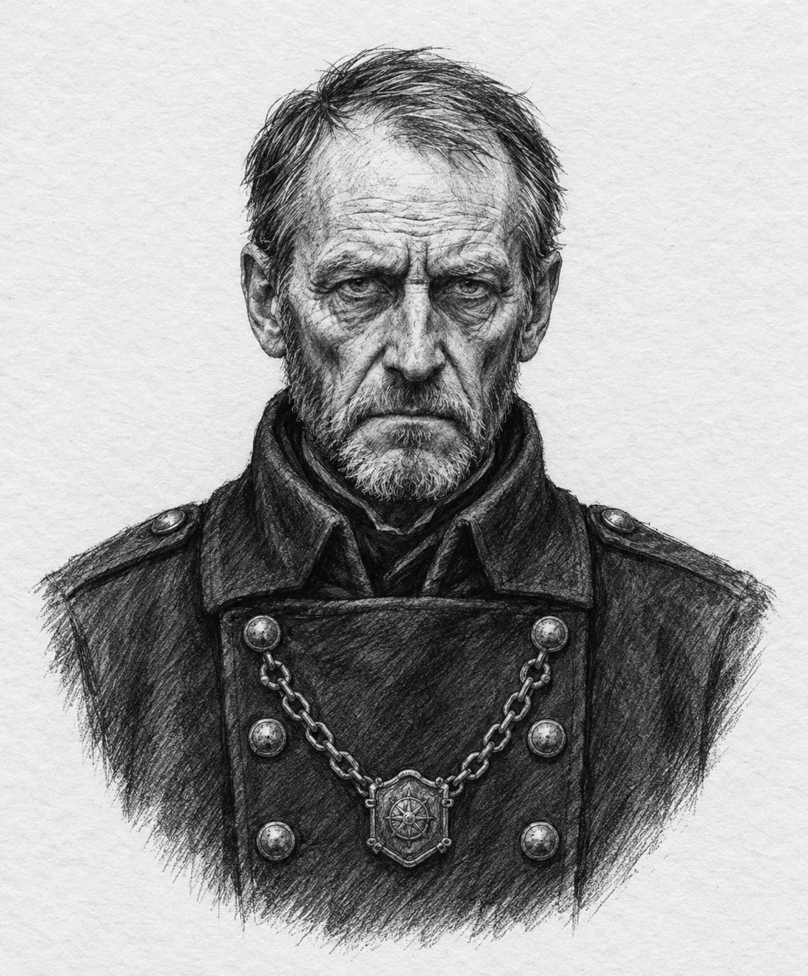 Interpretive black-and-white ink and charcoal head-and-shoulders portrait of Warden Goss of Archivolt, based on the article hero.