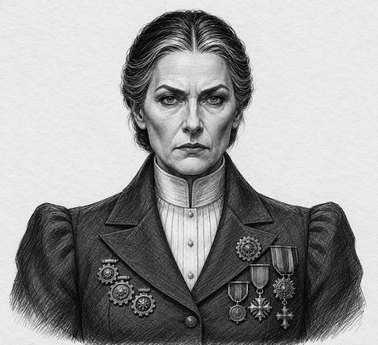 Interpretive black-and-white ink and charcoal head-and-shoulders portrait of Guild-Commissioner Elsbeth Renn, based on the article hero.
