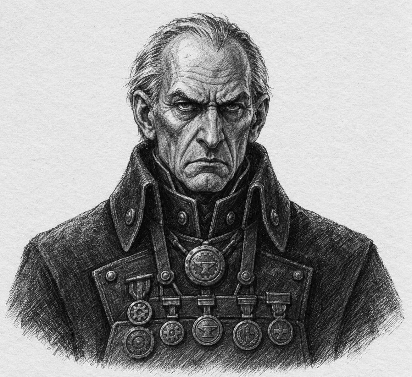Interpretive black-and-white ink and charcoal head-and-shoulders portrait of Guildmaster Orr Vetch, based on the article hero.