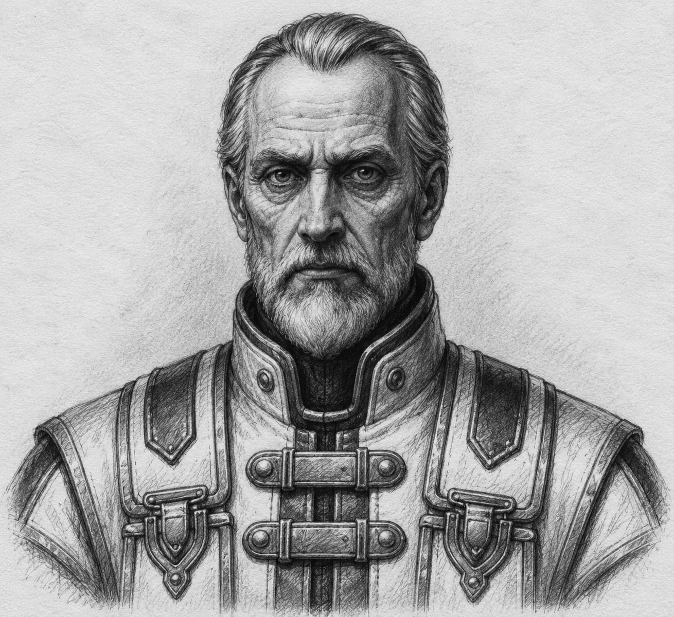 Interpretive black-and-white ink and charcoal head-and-shoulders portrait of Hierarch of Concord, based on the article hero.