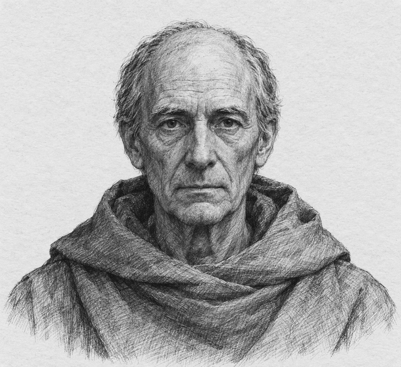 Interpretive black-and-white ink and charcoal head-and-shoulders portrait of Hierarch Delmatius of Cologne, based on the article hero.