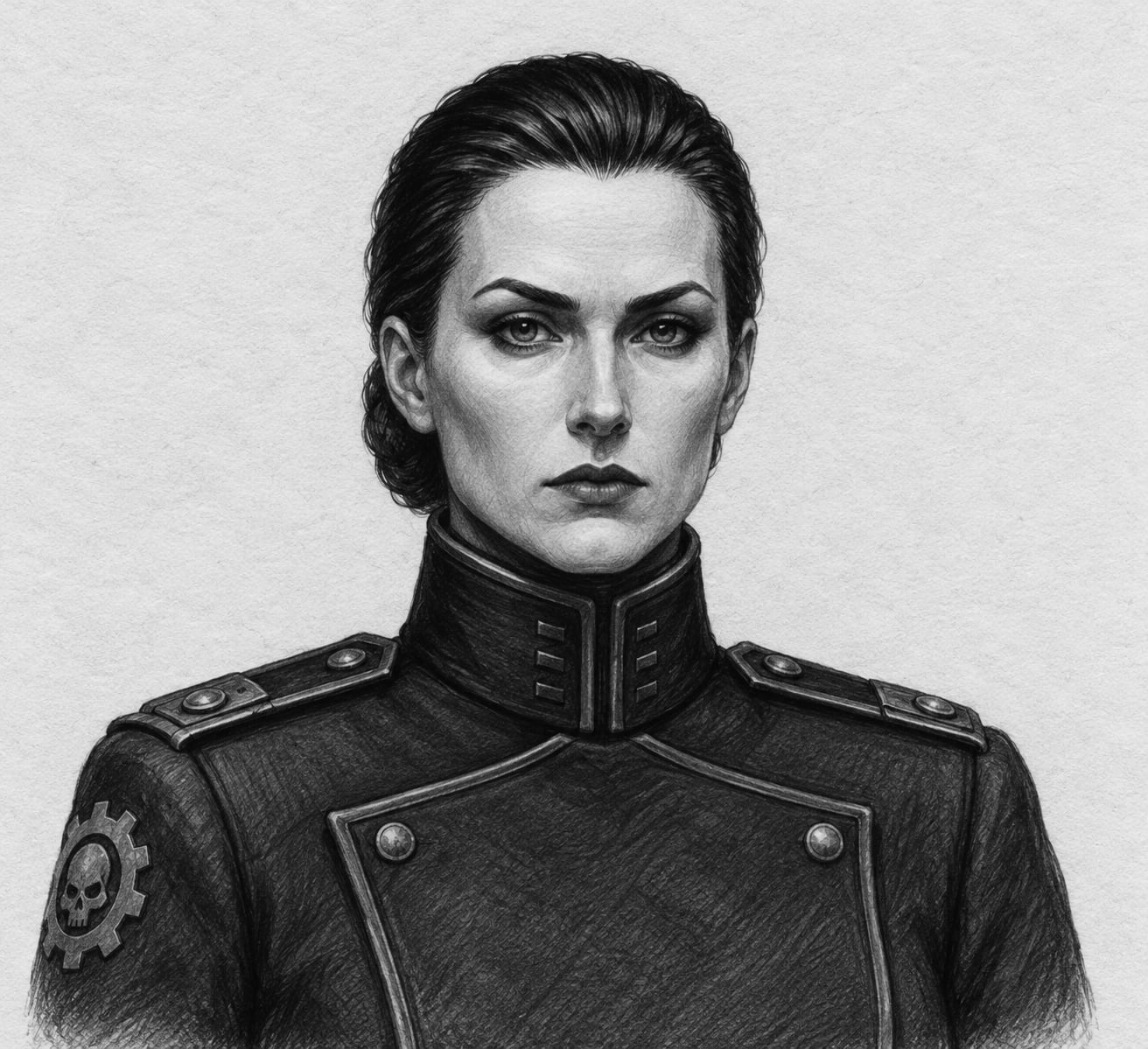 Interpretive black-and-white ink and charcoal head-and-shoulders portrait of High Interrogatrix, based on the article hero.