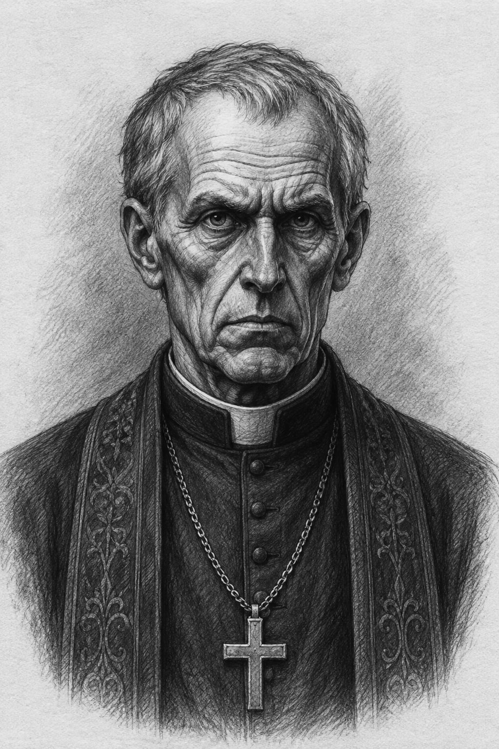 Interpretive black-and-white ink and charcoal head-and-shoulders portrait of Bishop-Praetorial Lanfranc of Trier, based on the article hero.