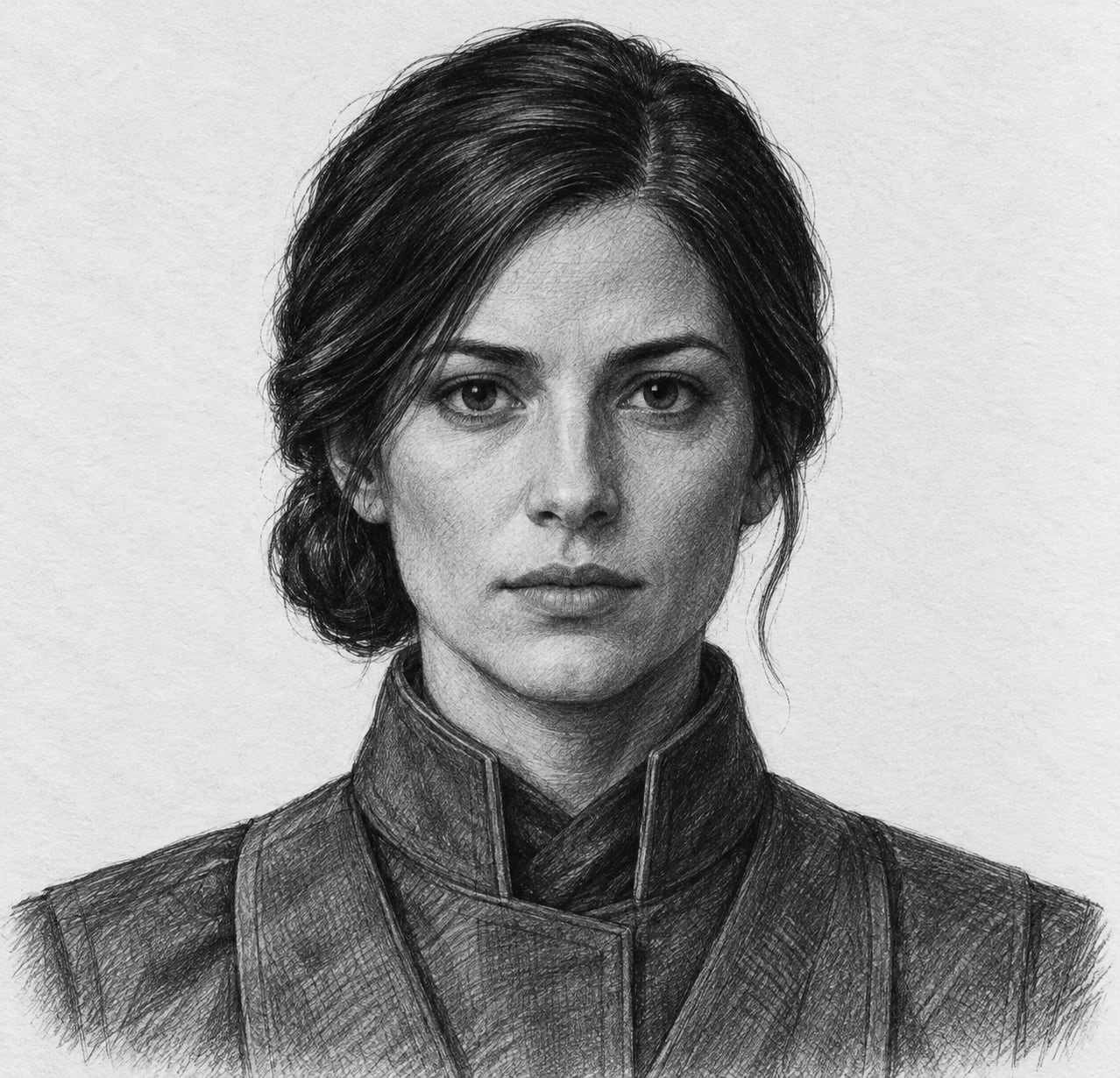 Interpretive black-and-white ink and charcoal head-and-shoulders portrait of Mara Vell, based on the article hero.