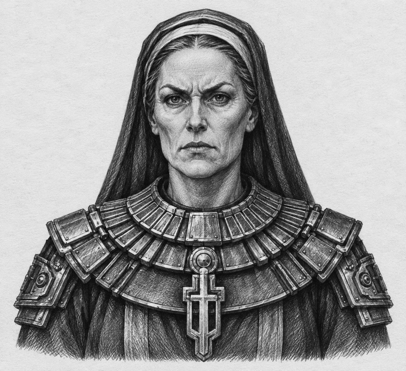 Interpretive black-and-white ink and charcoal head-and-shoulders portrait of Master-Calibrator Sister Rauth, based on the article hero.