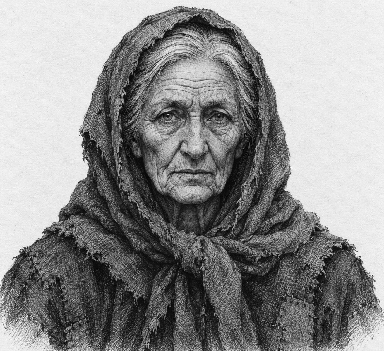 Interpretive black-and-white ink and charcoal head-and-shoulders portrait of Mother Giselle, based on the article hero.
