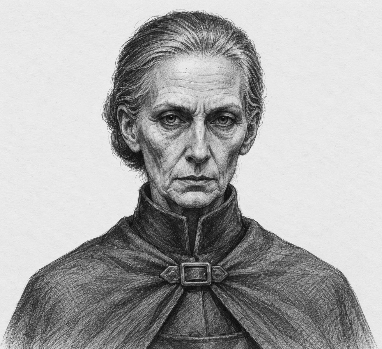 Interpretive black-and-white ink and charcoal head-and-shoulders portrait of Mother-Warden Sile Mourn-Lit, based on the article hero.