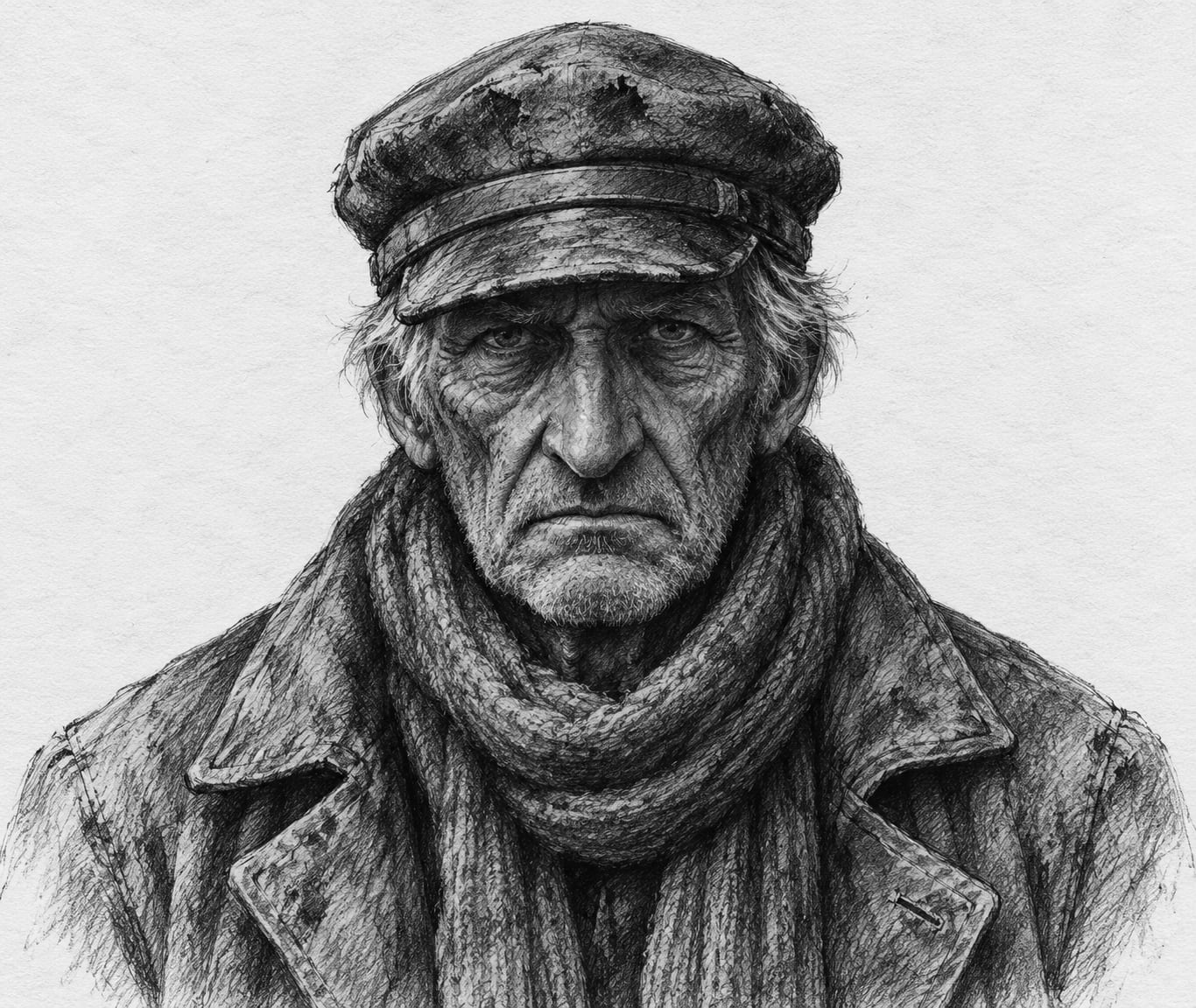 Interpretive black-and-white ink and charcoal head-and-shoulders portrait of Old Juro, based on the article hero.