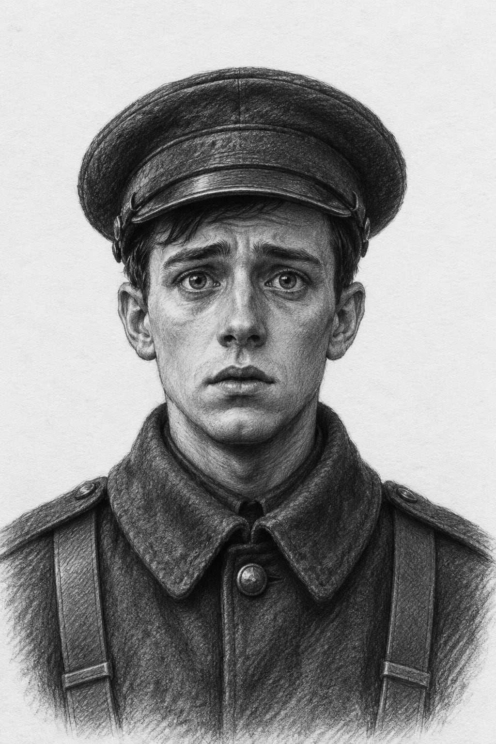 Interpretive black-and-white ink and charcoal head-and-shoulders portrait of Private Harn, based on the article hero.