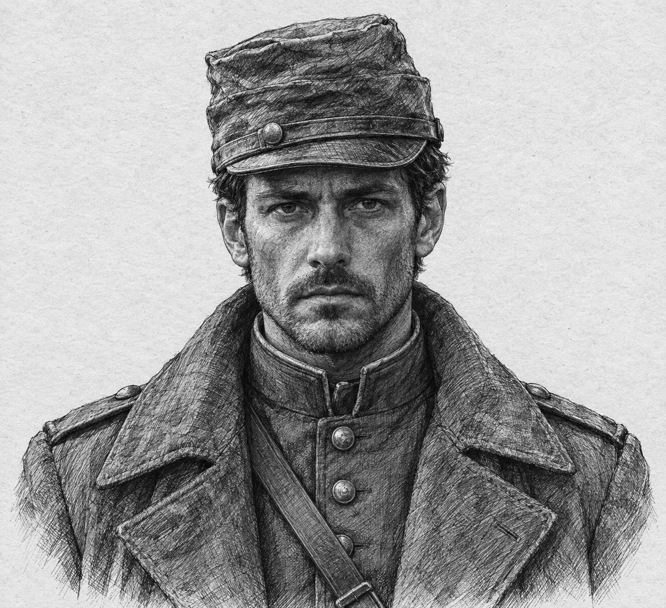 Interpretive black-and-white ink and charcoal head-and-shoulders portrait of Quartermaster Ilven Kraut, based on the article hero.