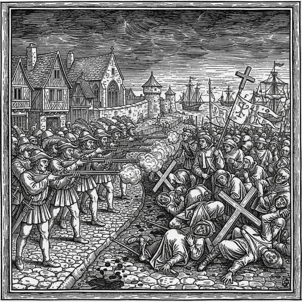 A woodcut engraving depicting Republican guards firing on a pilgrim procession in a French port town, bodies falling on cobblestones.