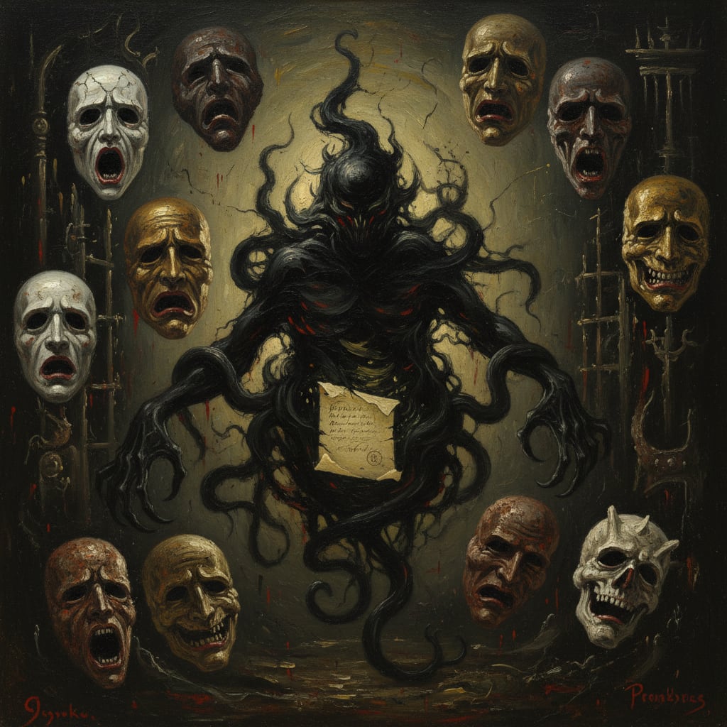 Dark oil painting of a formless shadow-entity with dozens of floating masks of porcelain, iron, gold, and bone, surrounded by tendrils of darkness and a glowing contract.