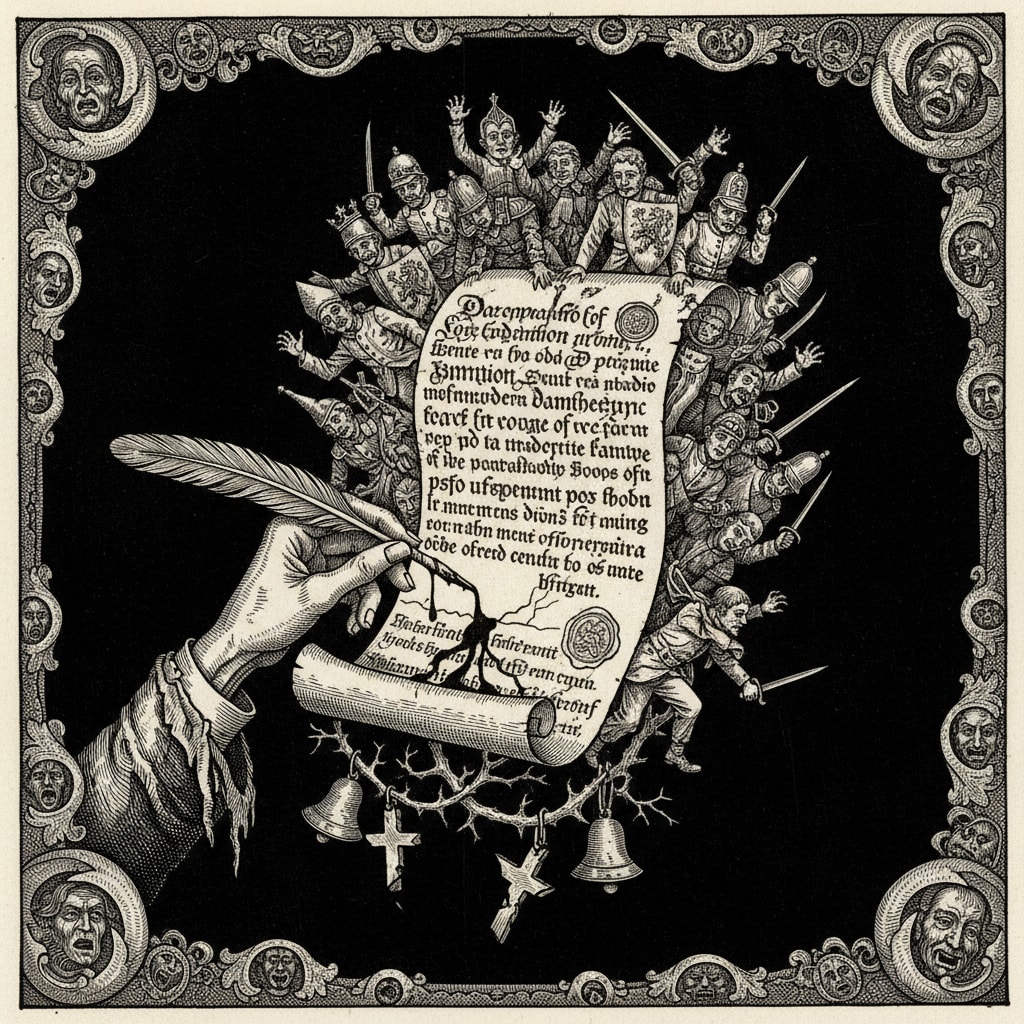 Woodcut of a sinister parchment contract floating in darkness, held by a skeletal hand with a blood-dripping quill, surrounded by desperate reaching figures.