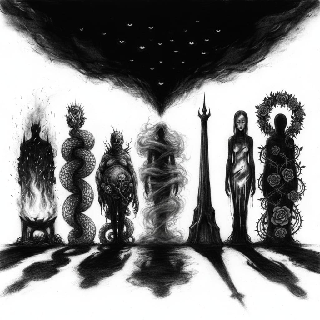 Charcoal drawing of seven towering distinct silhouettes standing in a semicircle beneath a vast formless darkness with many eyes.