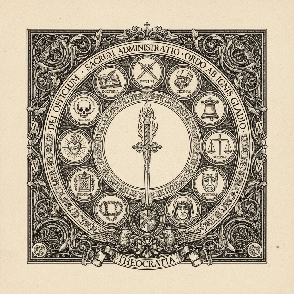 An engraved circular seal featuring twelve smaller emblems arranged around a central flaming sword, each representing a different Bureau of the Synod.