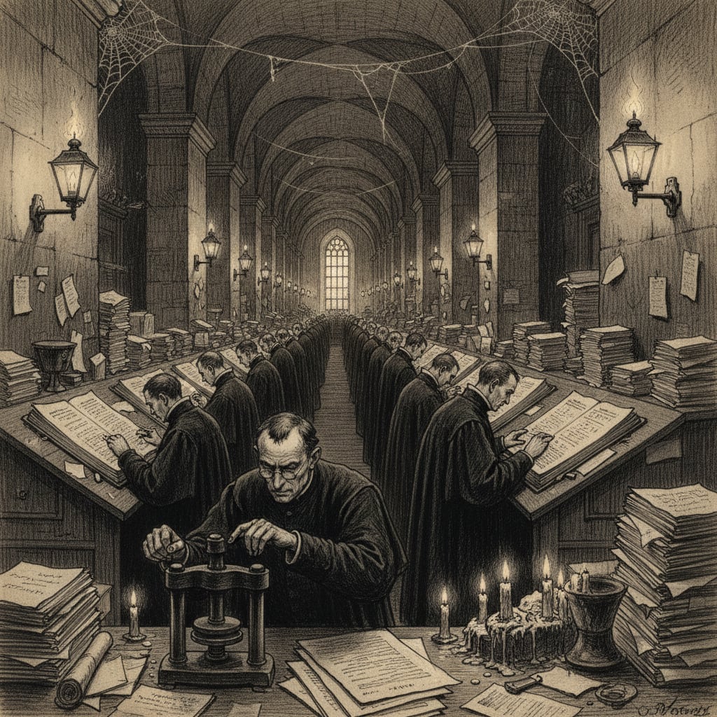 Charcoal sketch of a long stone corridor with rows of clerks in black cassocks laboring over enormous ledgers at writing desks, stretching into infinite perspective.