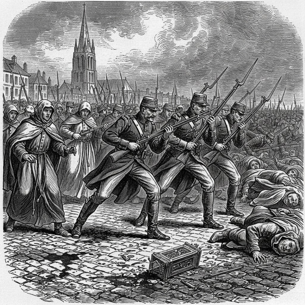 A woodcut engraving of the Massacre at Saint-Malo — Republican Guards in greatcoats and peaked caps charging into a procession of unarmed pilgrims on cobblestones, a shattered reliquary on the ground, cathedral spires behind.