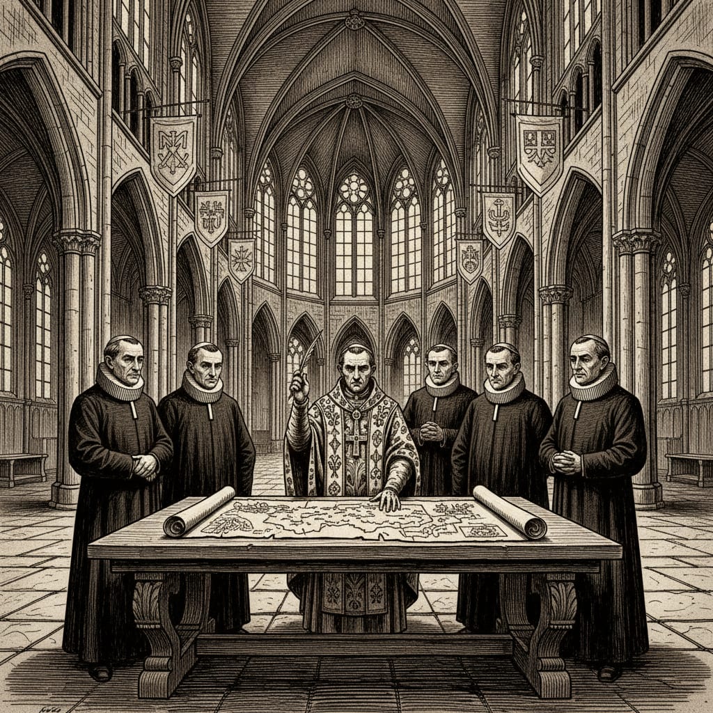 A woodcut of bishops and cardinals gathered around a vast parchment in the nave of Strasbourg Cathedral, quill pens raised, banners of France, Iberia, and the Rhineland suspended from the vaulted ceiling.