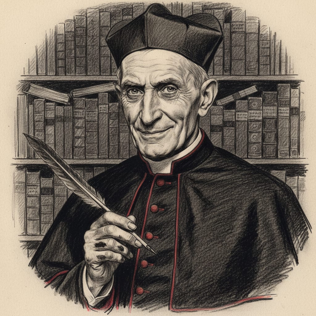 Charcoal portrait of Cardinal Hieronymus Kratz in late-Victorian clerical vestments, quill in hand, ink-stained fingers, shelves of sealed ledgers behind him.