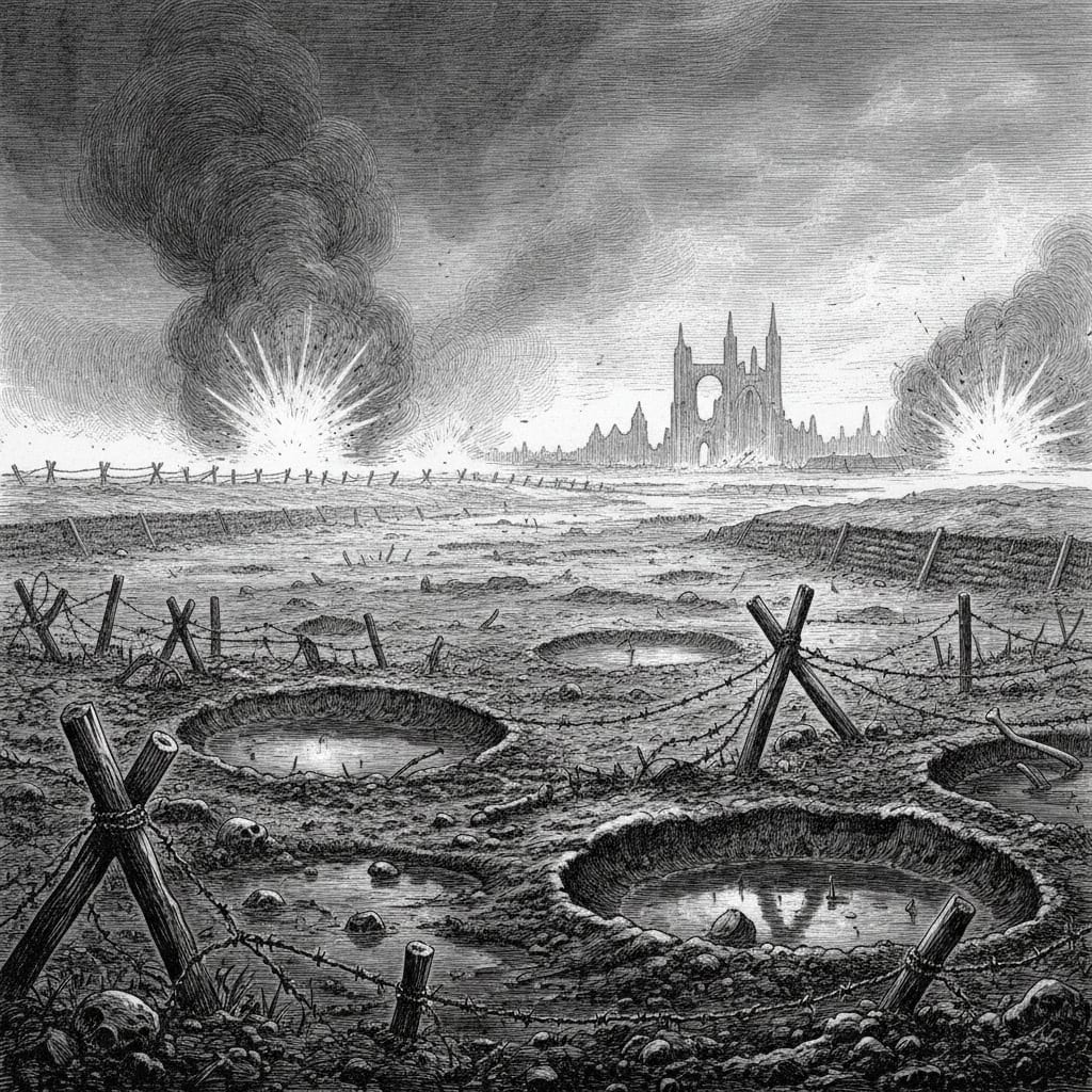 A woodcut panorama of No Man's Land stretching to a smoke-choked horizon, barbed wire and shattered stakes rising from churned mud, shell craters brimming with dark water, distant trench silhouettes lit by artillery flashes.