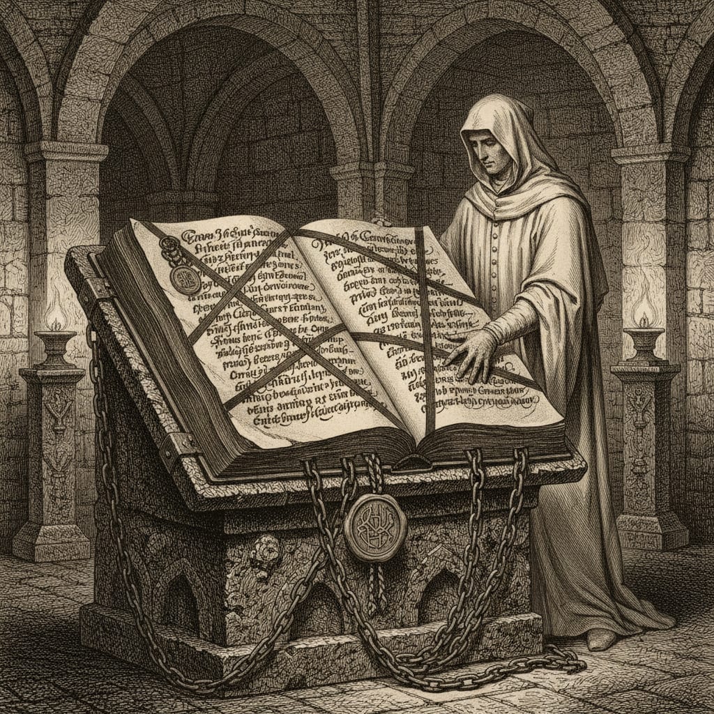 A steel engraving of a massive chained book open on a stone lectern in a vaulted archive, names struck through in black ink, a white-robed inquisitor standing behind it.
