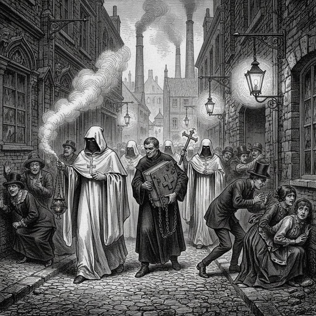 Steel engraving of white-cloaked inquisitors processing through a fog-choked Victorian street, the lead figure swinging a brass censer, a clerk behind bearing the chained Index Damnatus.