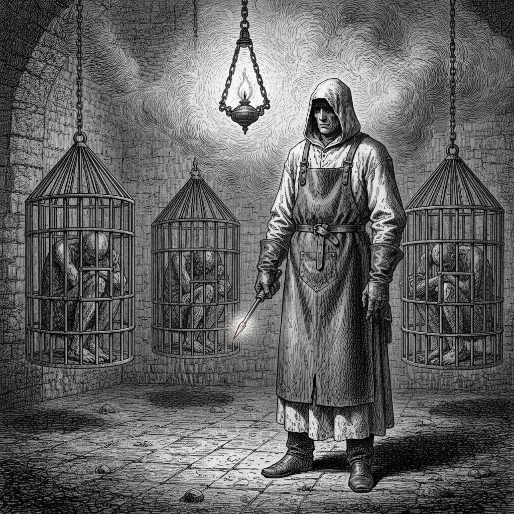 Steel engraving of a Lictor in bone-white cassock and leather apron standing in a vaulted interrogation chamber, branding stylus glowing cherry-red, iron cages suspended from the ceiling behind.