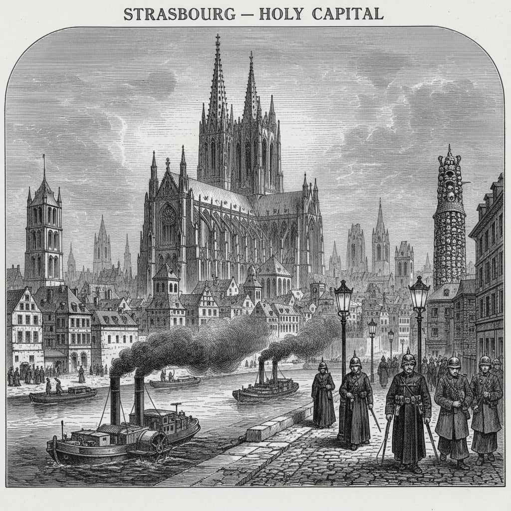 Steel engraving panorama of Strasbourg showing the Cathedral's impossibly tall spires, fortress-like Bureau buildings, bell towers, and the Rhine with barges, under heavy clouds.