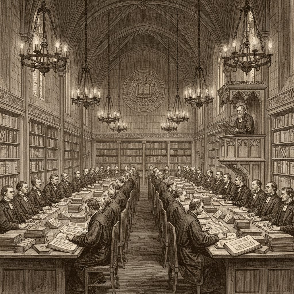 A steel engraving of the Cloister of Concord interior, robed exegetes at long desks beneath vaulted ceilings, candelabra light falling across stacked folios.