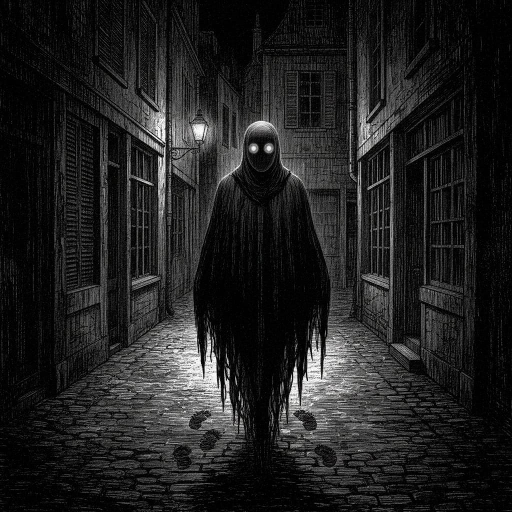 Steel engraving of a faceless cloaked figure standing in a gaslit cobblestone alley, glass orbs gleaming where eyes should be, ash footprints trailing behind.