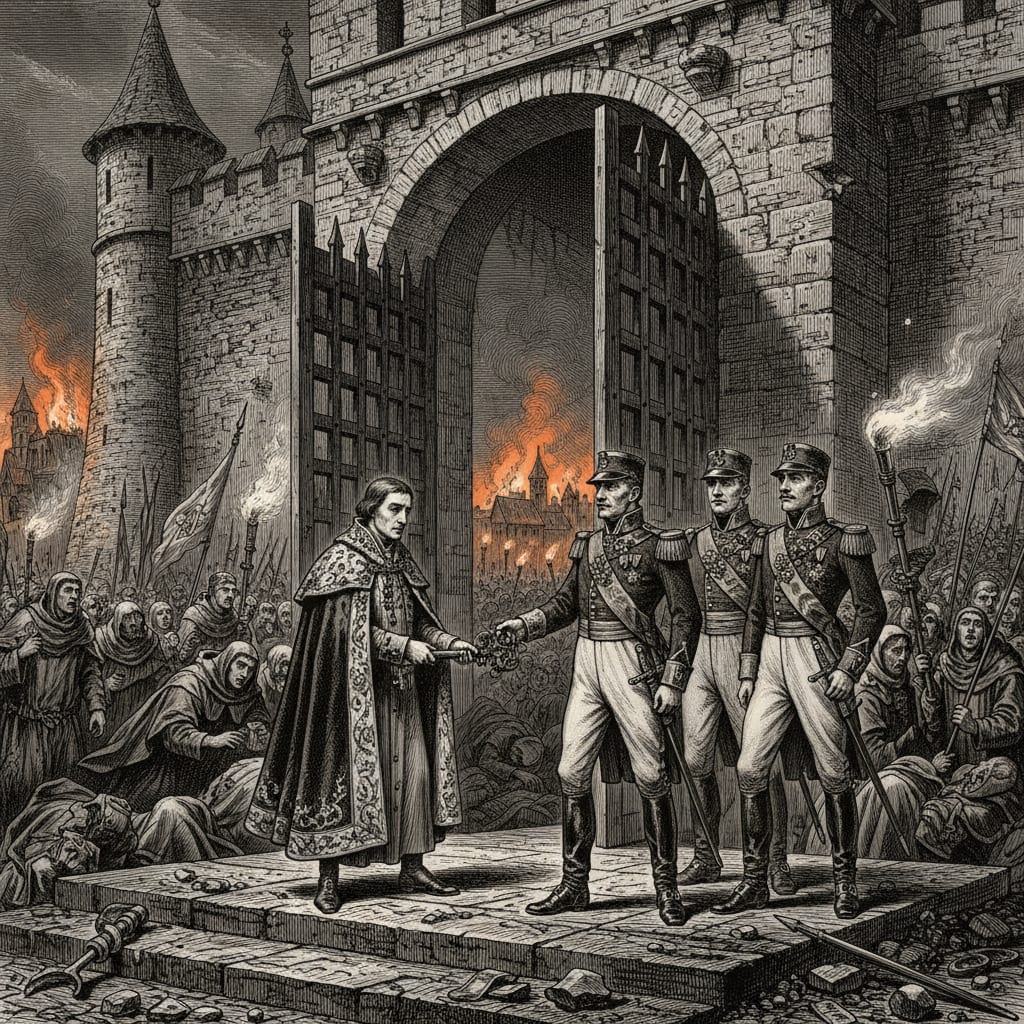 A steel engraving of the Betrayal of Aachen showing the citadel gates thrown open, a cloaked nobleman surrendering a great iron key to Rationalist officers in frock coats, clergy fleeing into shadow beyond.