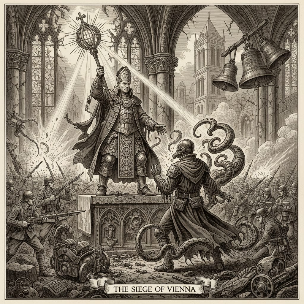 A steel engraving of the climactic moment inside a shattered cathedral, a bishop-warden raising a glowing reliquary mace above a recoiling sorcerous figure, soldiers fighting in the rubble beyond.
