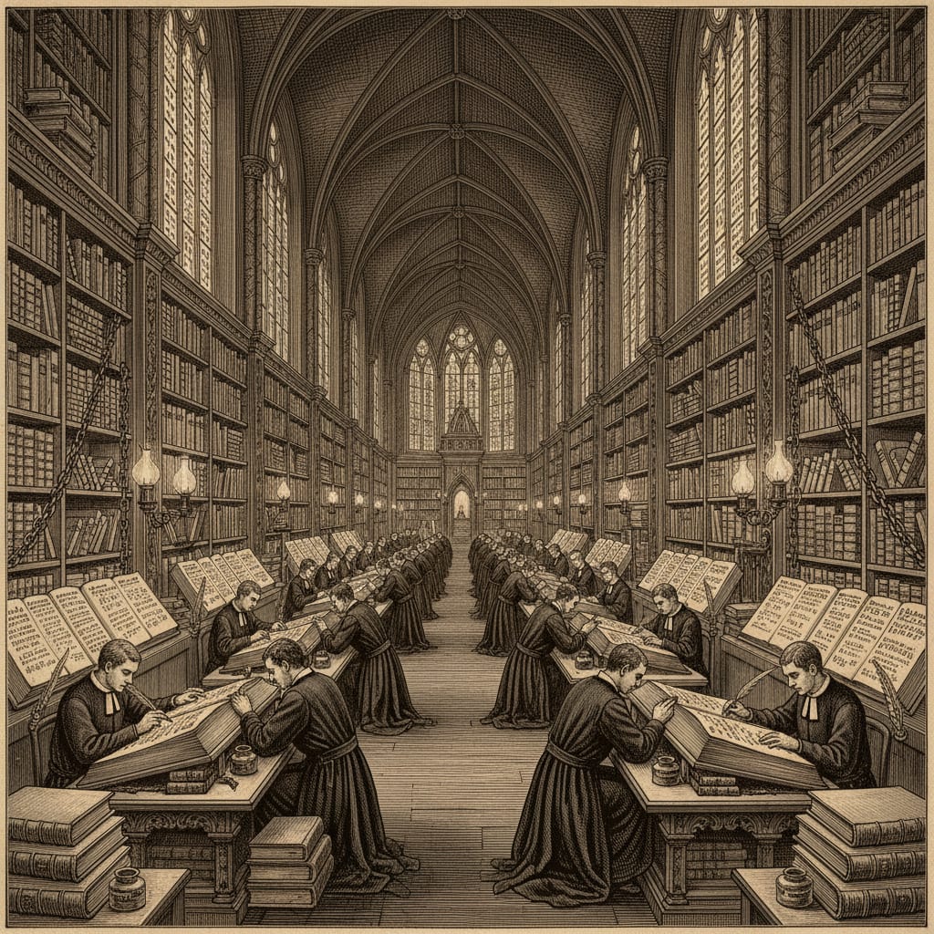 Steel engraving of the Basilica interior, a vast nave lined floor to vault with chained ledgers, clerks hunched at lectern-desks beneath stained glass windows showing columns of numbers.
