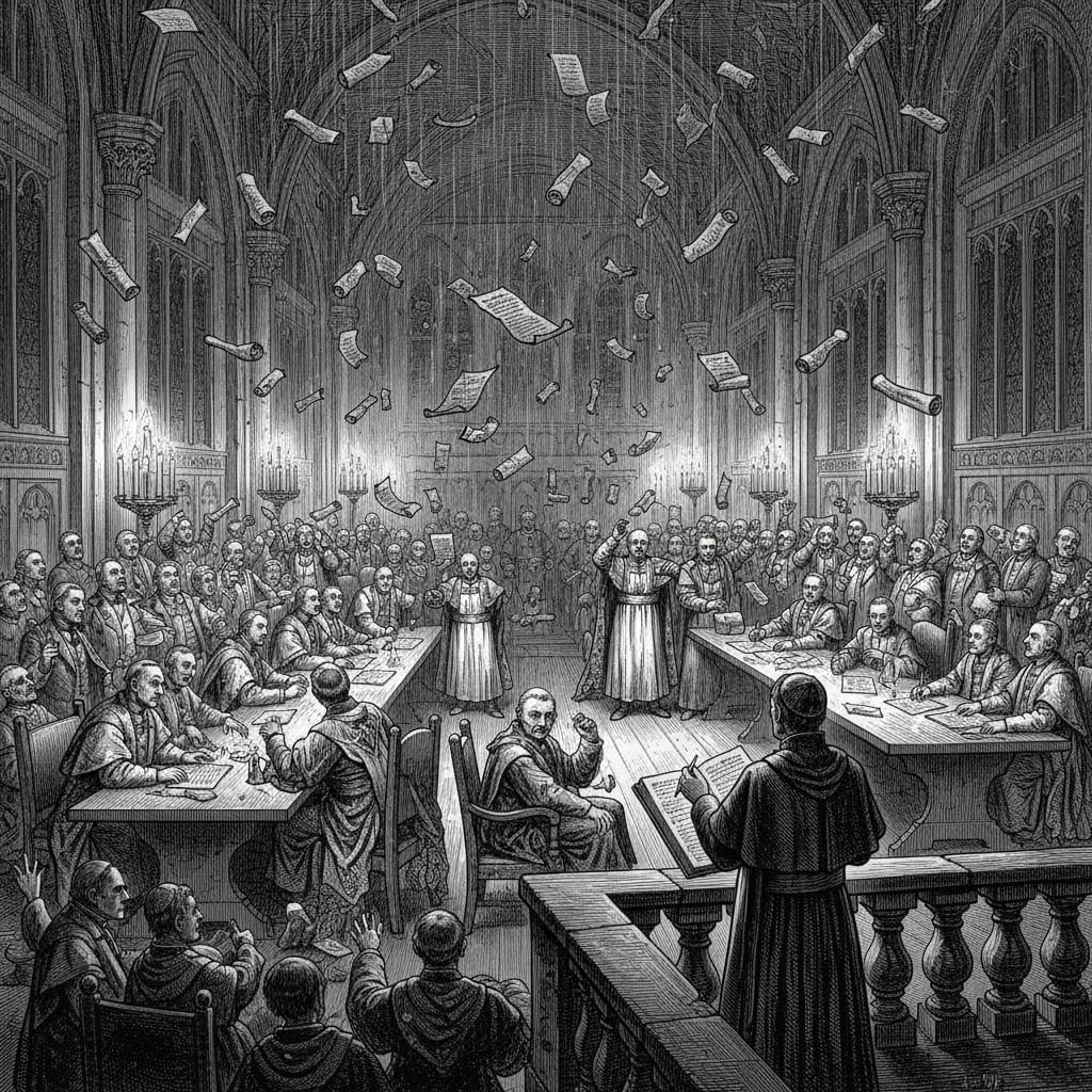A steel engraving of a vast candlelit assembly hall at night, sealed parchment scrolls raining down upon seated bishops and officials in late-Victorian clerical garb, a cardinal figure silhouetted on a balcony above.