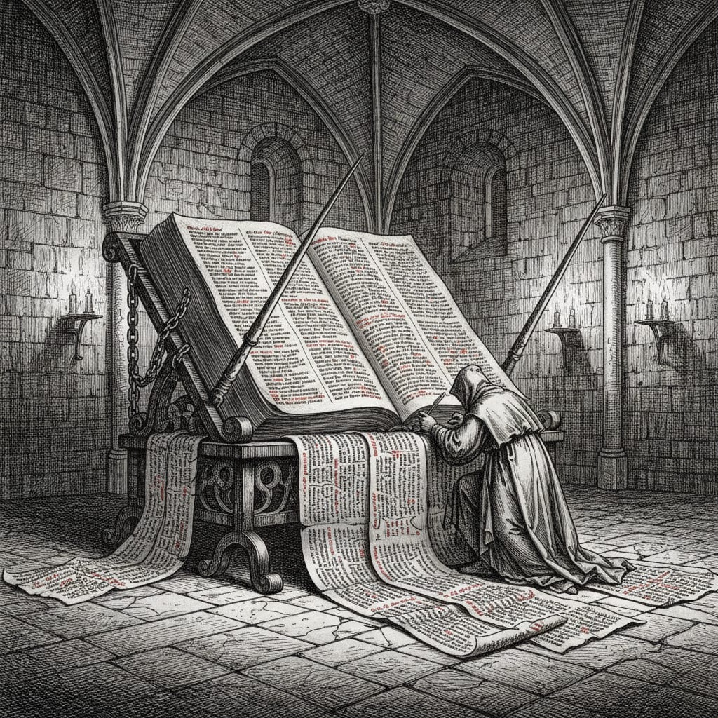 Steel engraving of a massive open ledger on an iron lectern in a vaulted stone chamber, a hooded scribe dwarfed by cascading pages of names.