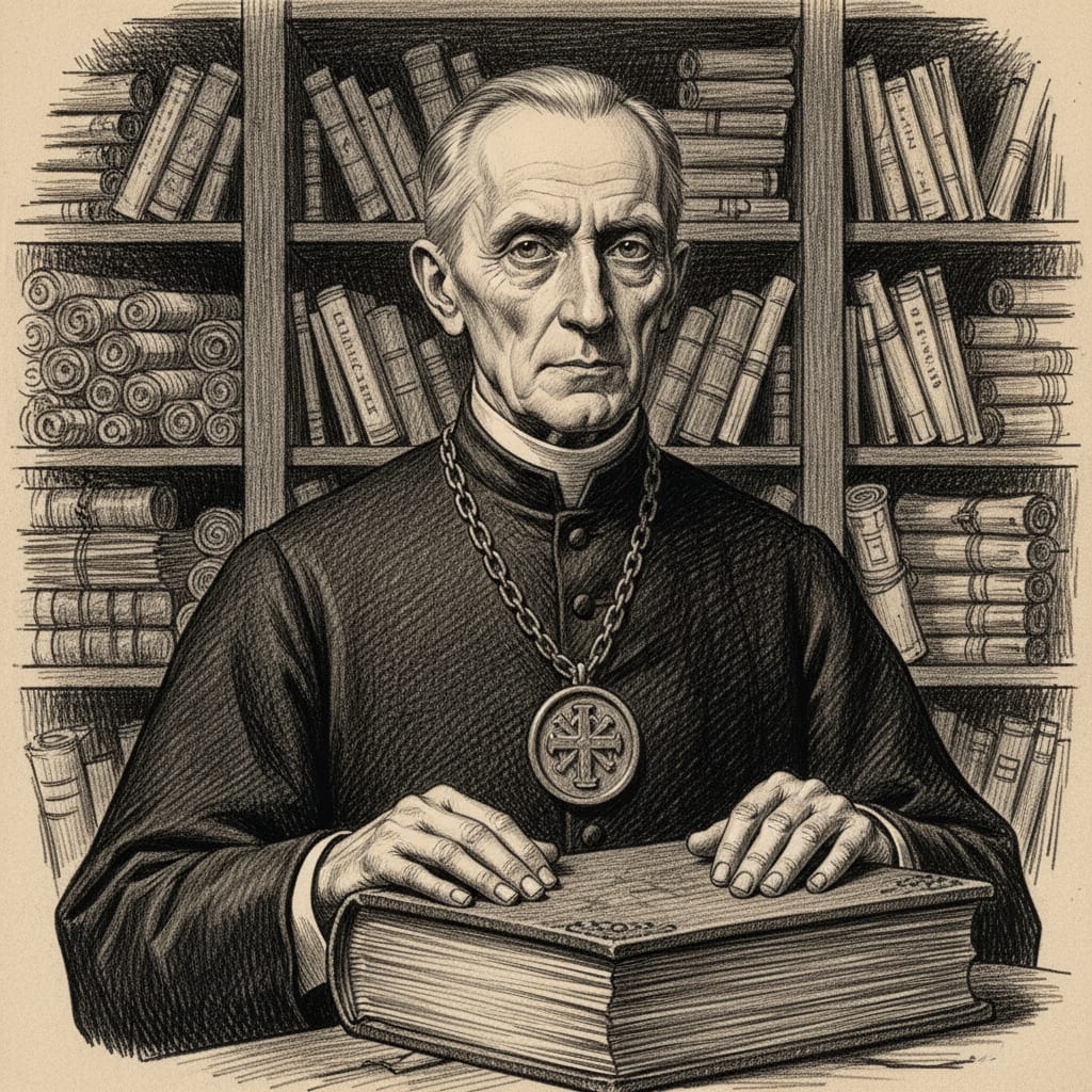 Charcoal portrait of Archon Benedict Veyrault, an elderly monk-bureaucrat in late-Victorian clerical vestments, gaunt face above a high banded collar, thin fingers resting on a massive registry book.