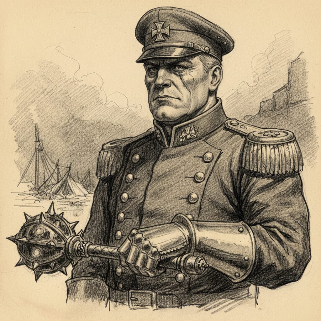 Charcoal portrait of Bishop-Warden Clemens Stahlhand in military cassock and peaked kepi, steel gauntlet resting on a reliquary mace, scarring across the left cheek.