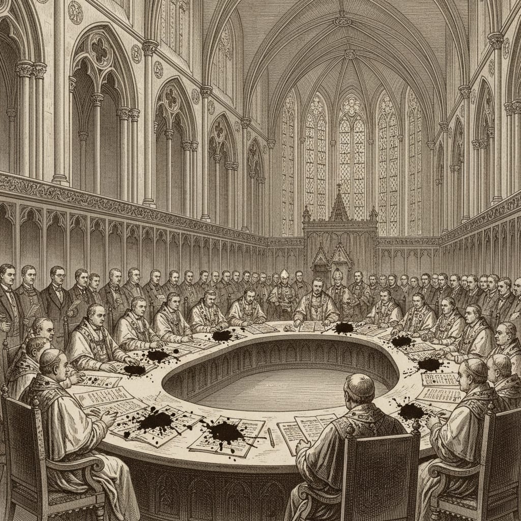 Steel engraving of a grand ecclesiastical council chamber in a Gothic cathedral, bishops at a semicircular table strewn with ink-blotched documents.