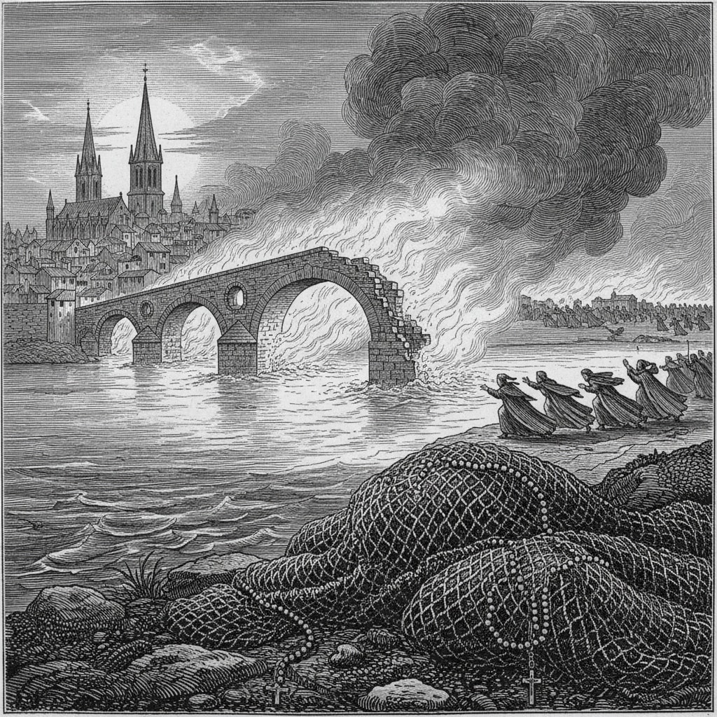 Steel engraving of a medieval French city burning along a river, cathedral spires wreathed in smoke, fleeing clergy silhouetted against flames, rosaries tangled in fishing nets in the foreground.