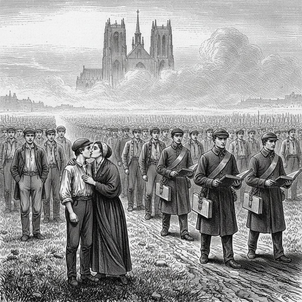 Steel engraving of a vast mustering field at dawn, long lines of young men in civilian clothes being processed by military officers carrying ledgers, cathedral spires in the fog behind.