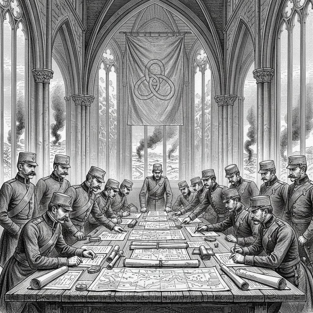 Steel engraving of a military chapel converted to a war room, officers in greatcoats gathered around campaign maps beneath Gothic arches.