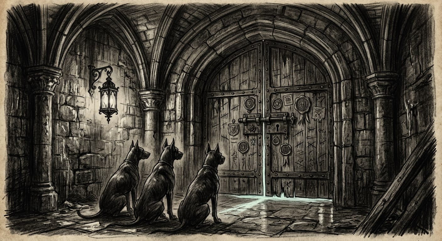 A charcoal sketch of the sealed entrance to the Third Ossuary — a heavy stone archway sealed with iron bolts and layered wax stamps, three garrison dogs sitting motionless before it, a pale wrong light bleeding from beneath the door.